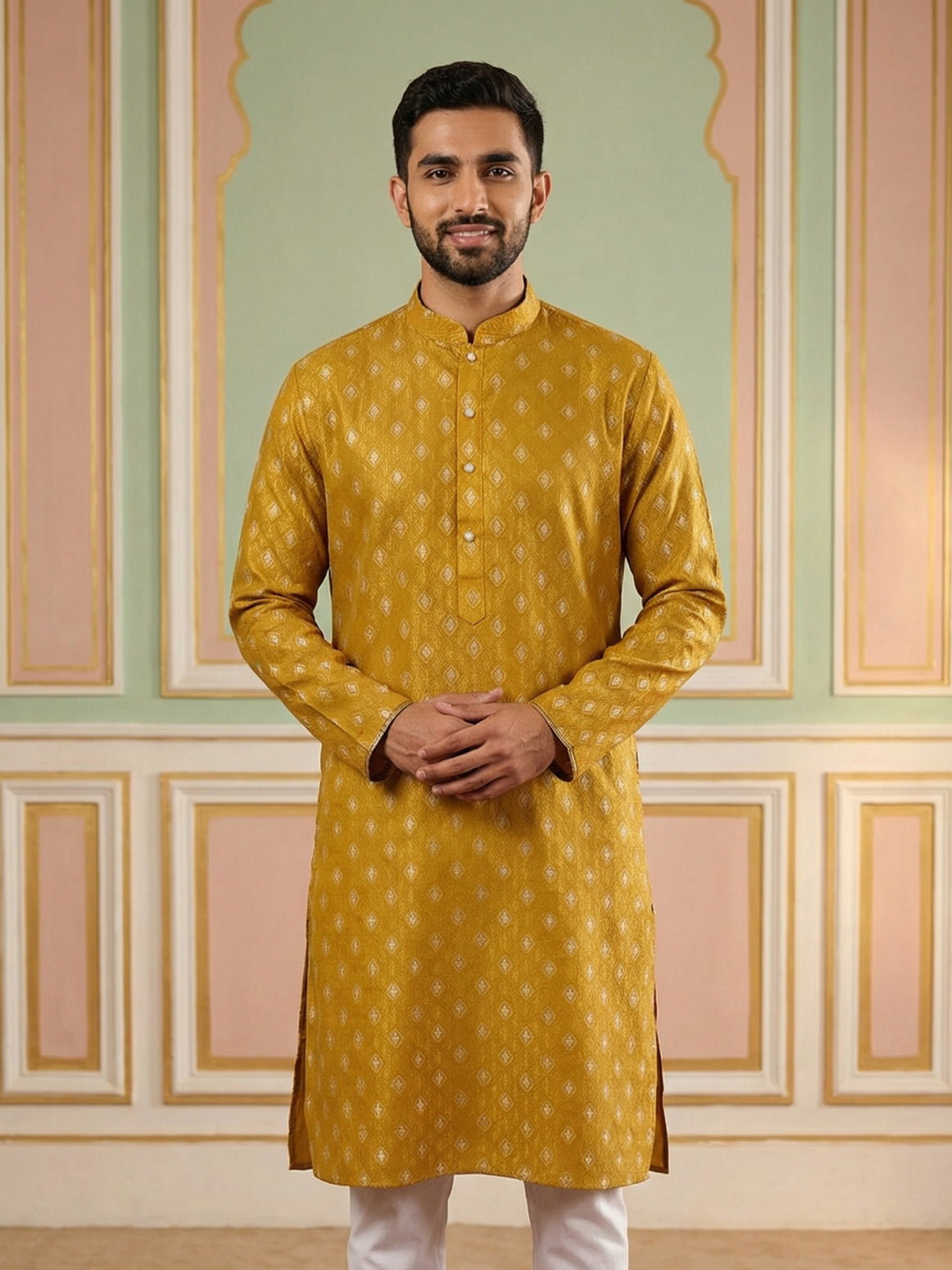 DesiQlo Men Printed Kurta Only - Yellow - 65KO_5459Mustard_S