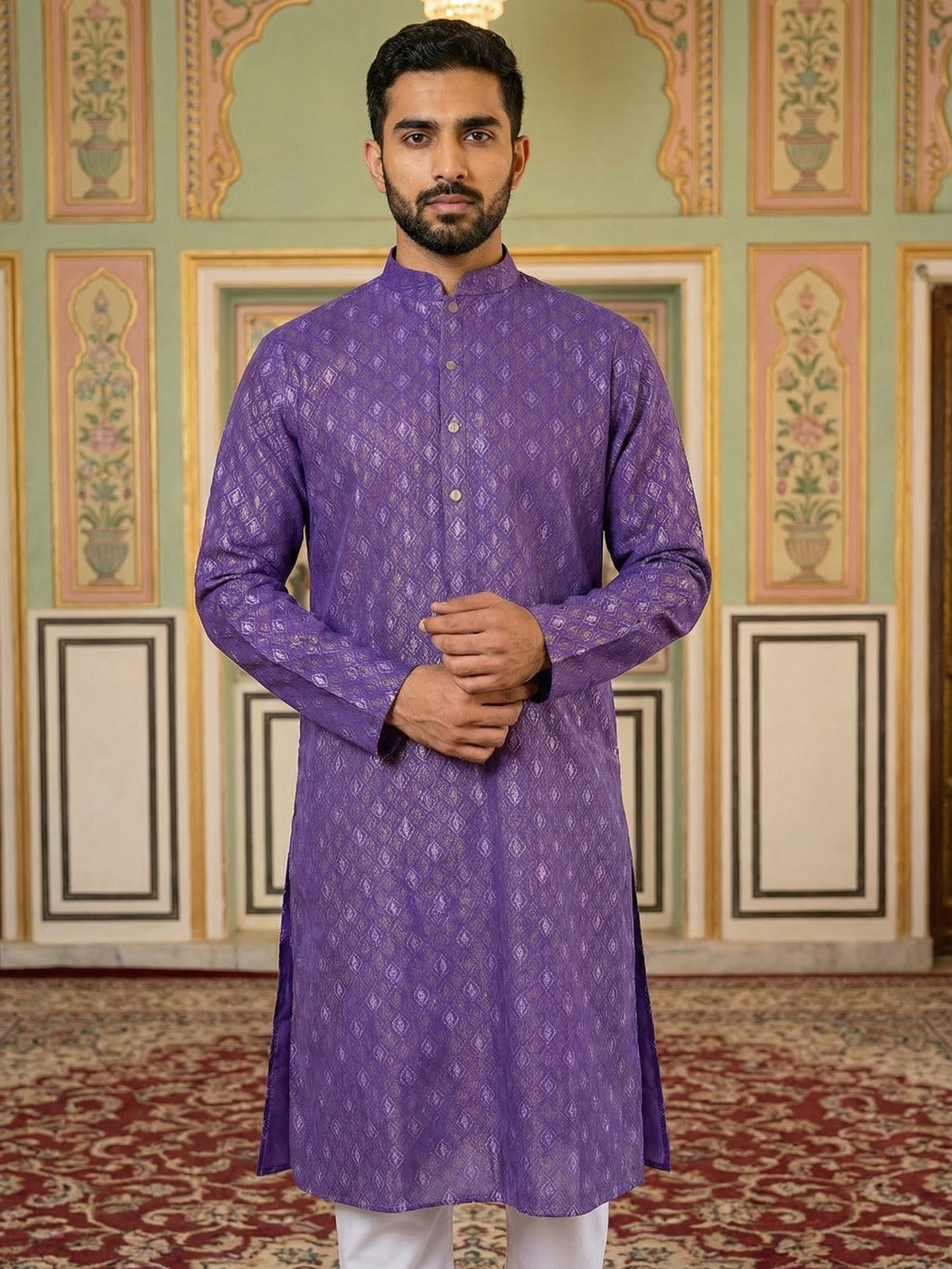 Classic Ethnic Print Cotton Blend Kurta ( 65KO 5459Purple S ) [FF] [K-14]