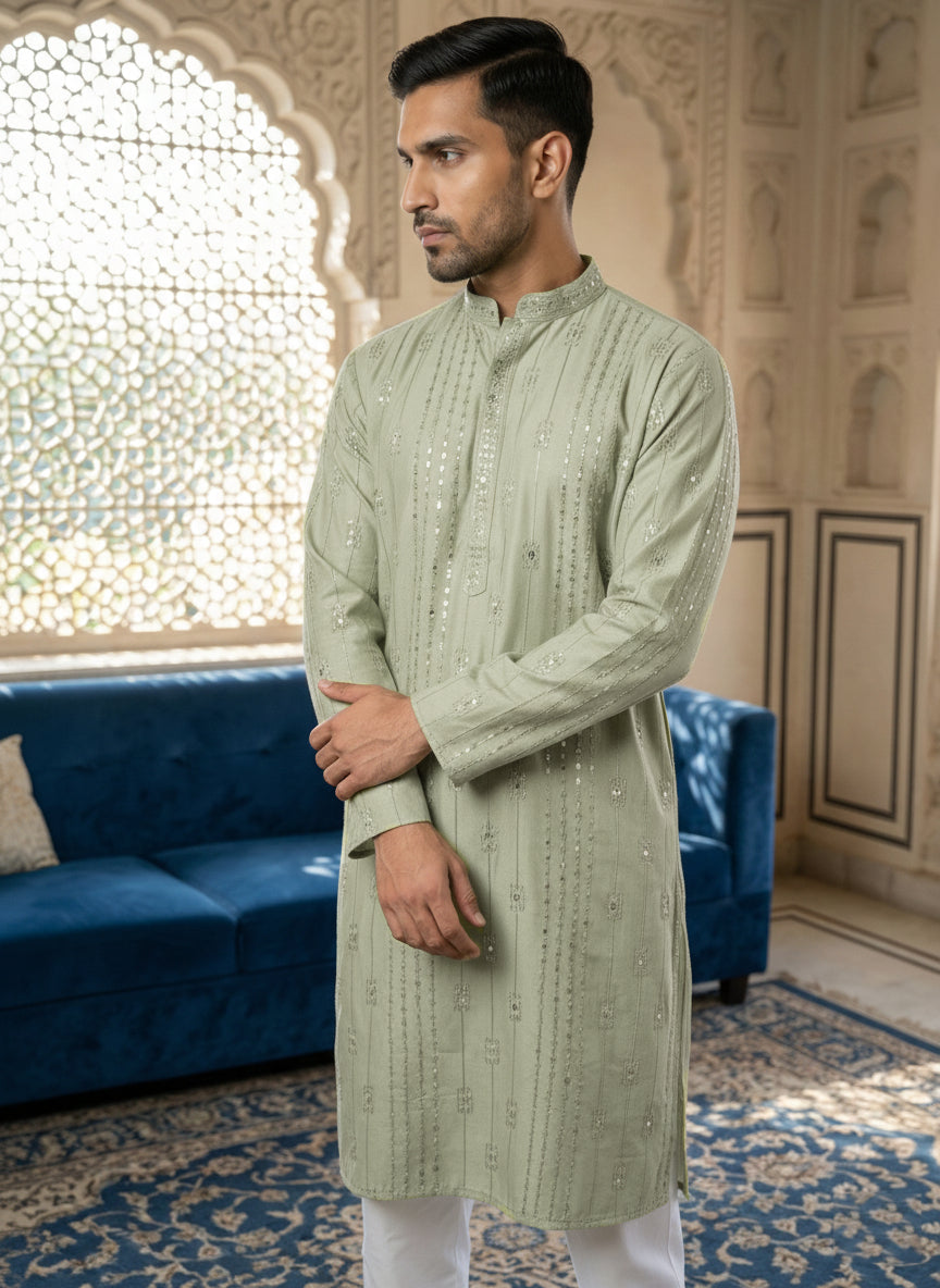 DesiQlo Men Embroidered Kurta Only - Green - 65KO_5460Pista_S