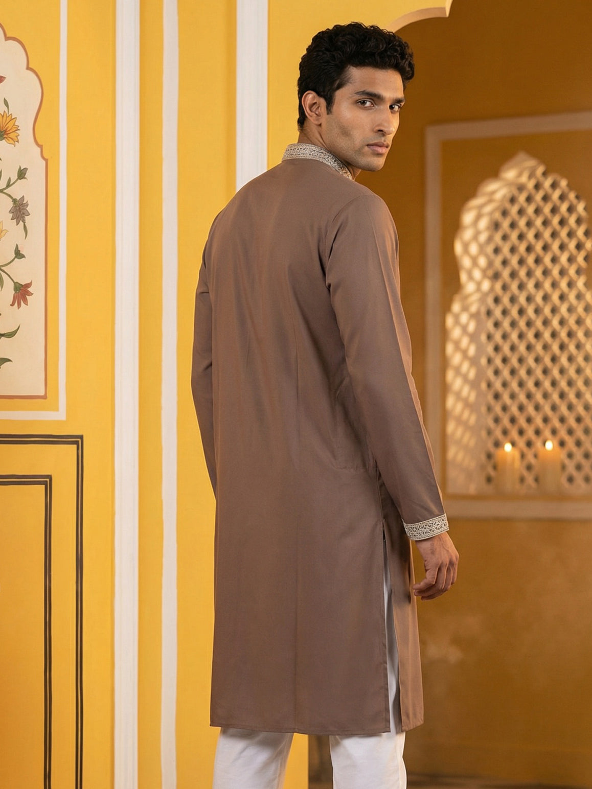 DesiQlo Men Embroidered Kurta Only - Brown - 65KO_5461Brown_S