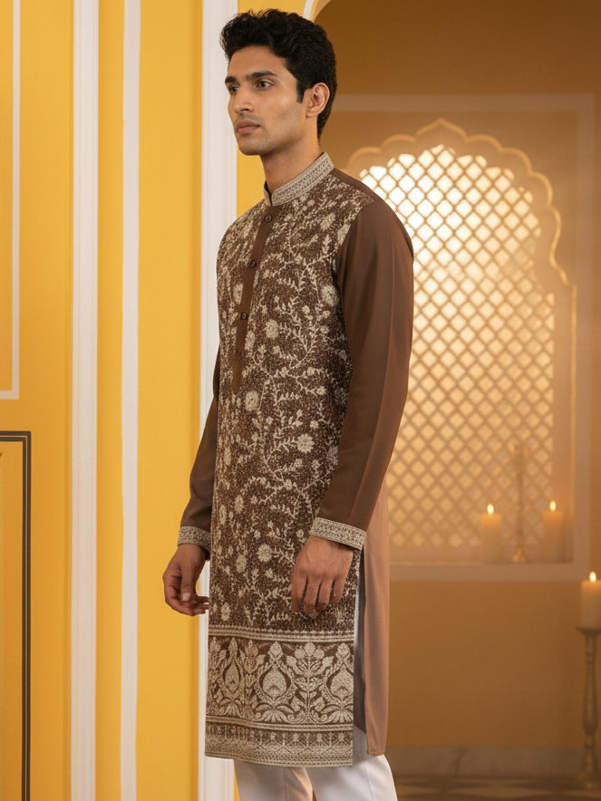 DesiQlo Men Embroidered Kurta Only - Brown - 65KO_5461Brown_S