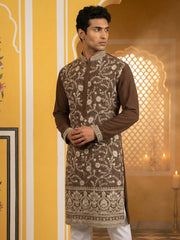Classic Silk Blend Embroidered Kurta ( 65KO 5461Brown S ) [FF] [H-7]