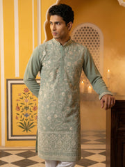 Classic Silk Blend Embroidered Kurta ( 65KO 5461Green S ) [FF] [H-7]