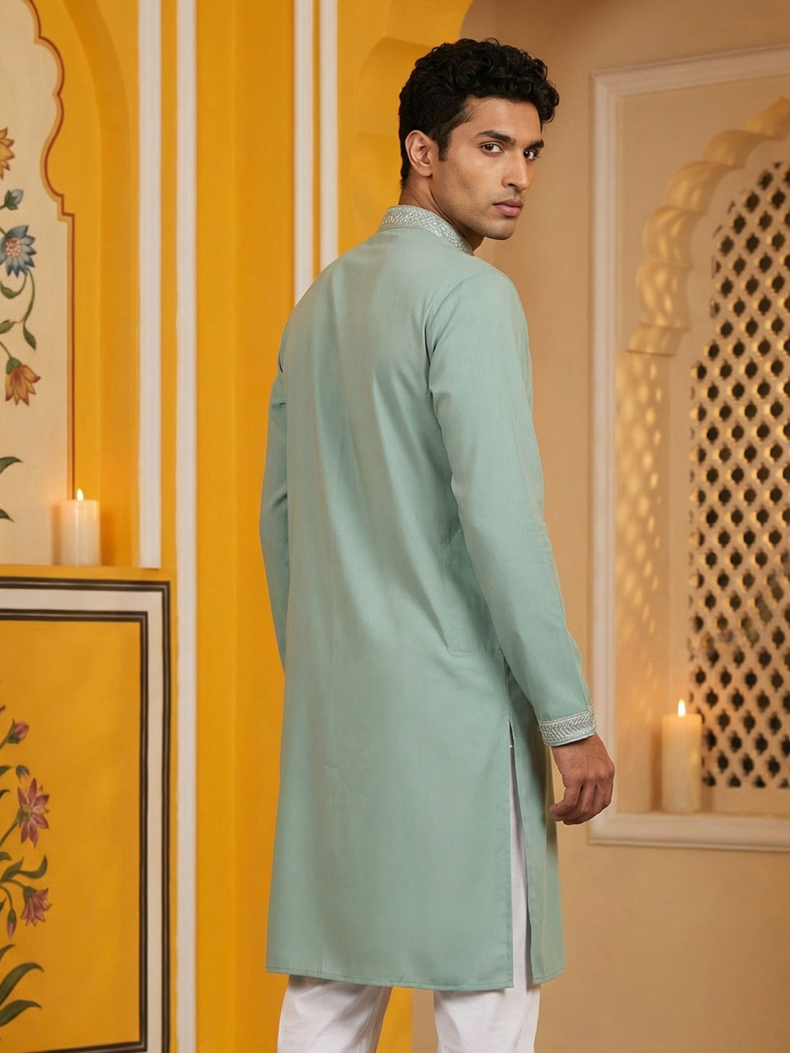 DesiQlo Men Embroidered Kurta Only - Green - 65KO_5461Green_S