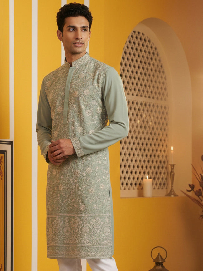DesiQlo Men Embroidered Kurta Only - Green - 65KO_5461Green_S