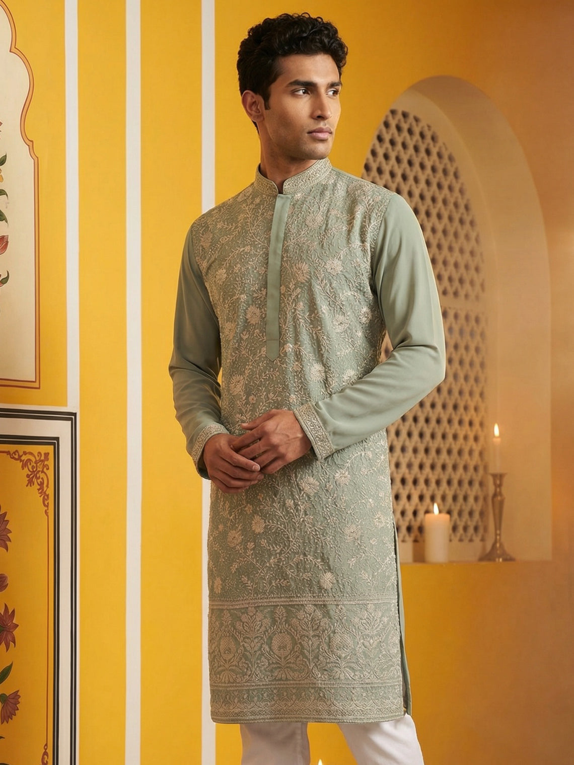 DesiQlo Men Embroidered Kurta Only - Green - 65KO_5461Green_S