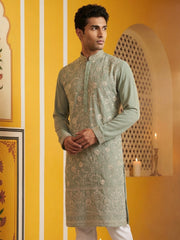 Classic Silk Blend Embroidered Kurta ( 65KO 5461Green S ) [FF] [H-7]