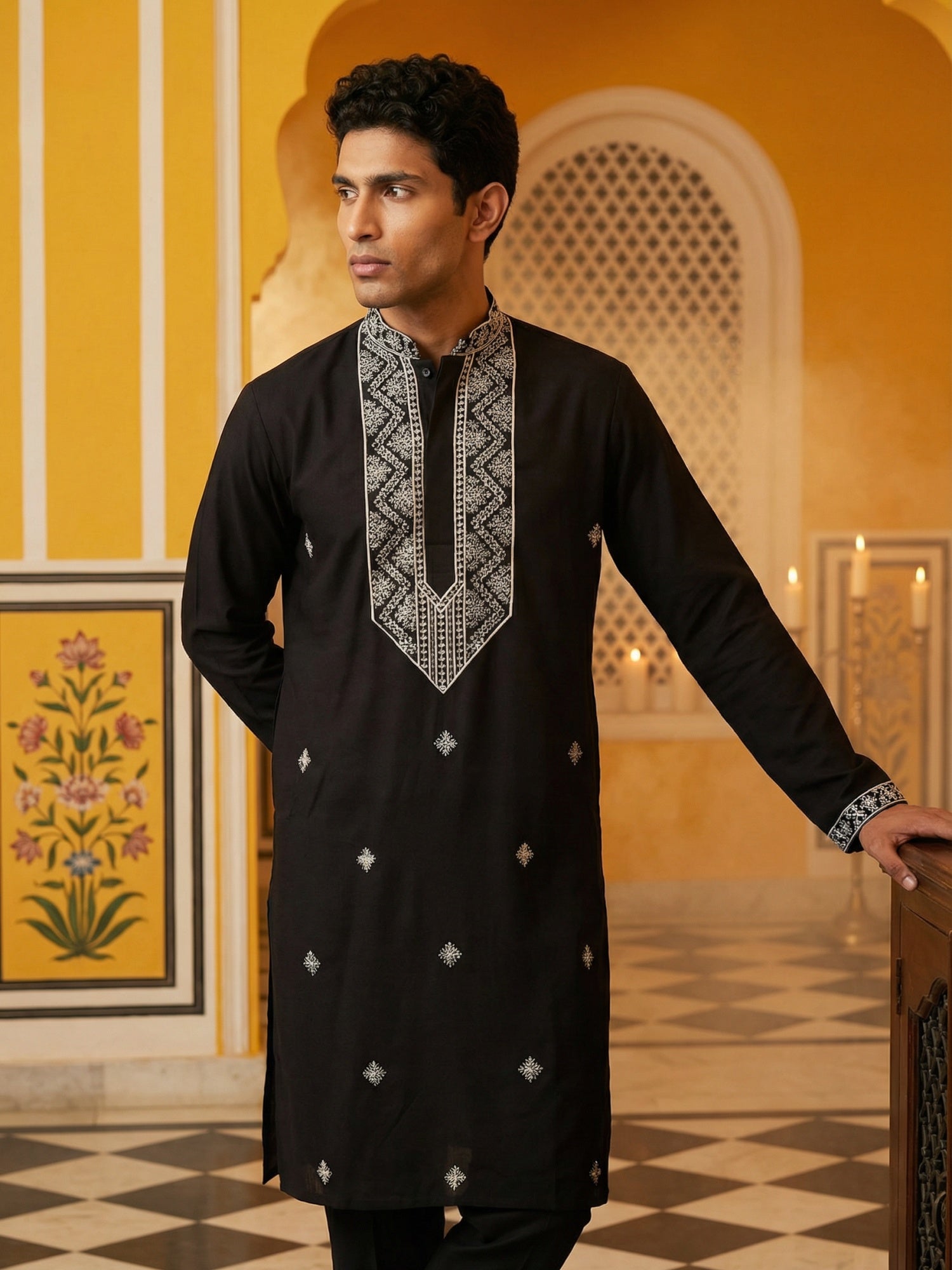 DesiQlo Men Embroidered Kurta Only - Black - 65KO_5462Black_S
