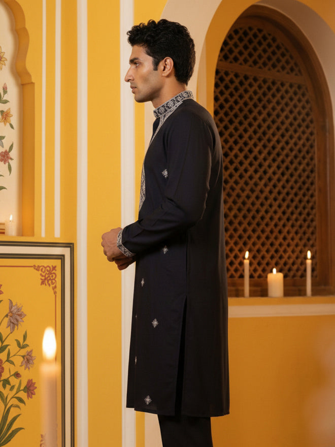 DesiQlo Men Embroidered Kurta Only - Black - 65KO_5462Black_S