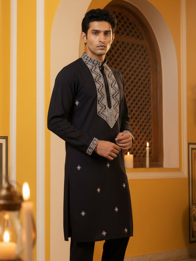 DesiQlo Men Embroidered Kurta Only - Black - 65KO_5462Black_S