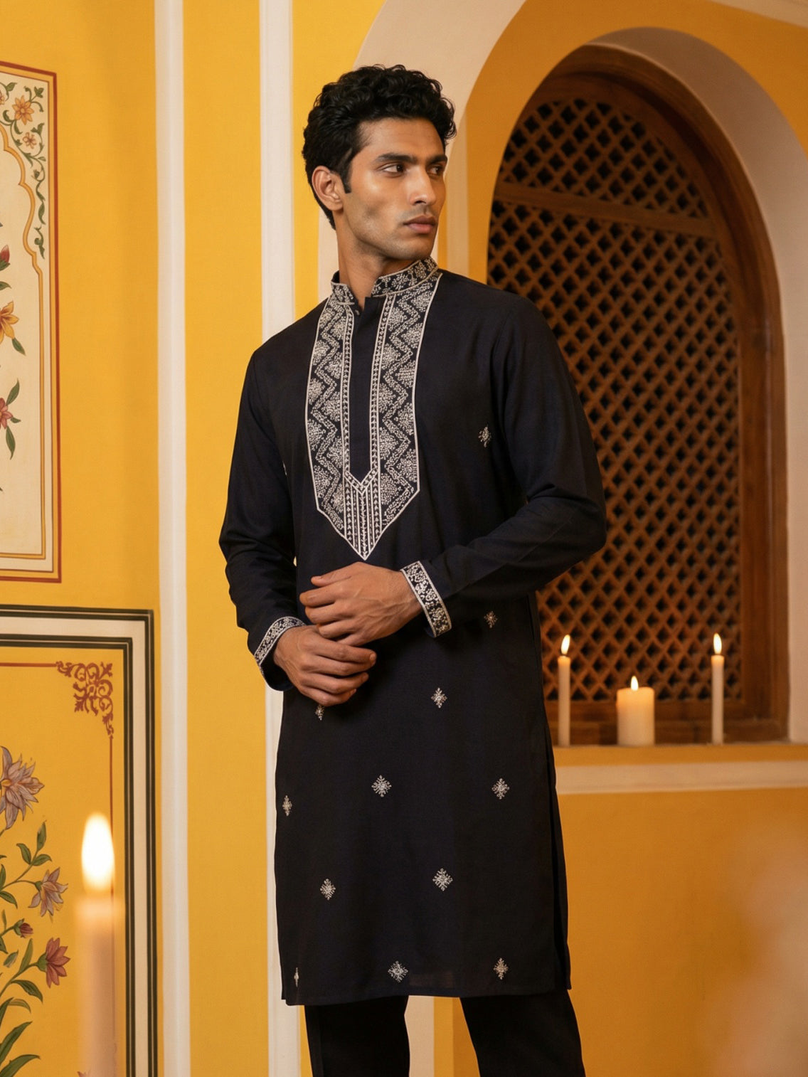 DesiQlo Men Embroidered Kurta Only - Black - 65KO_5462Black_S