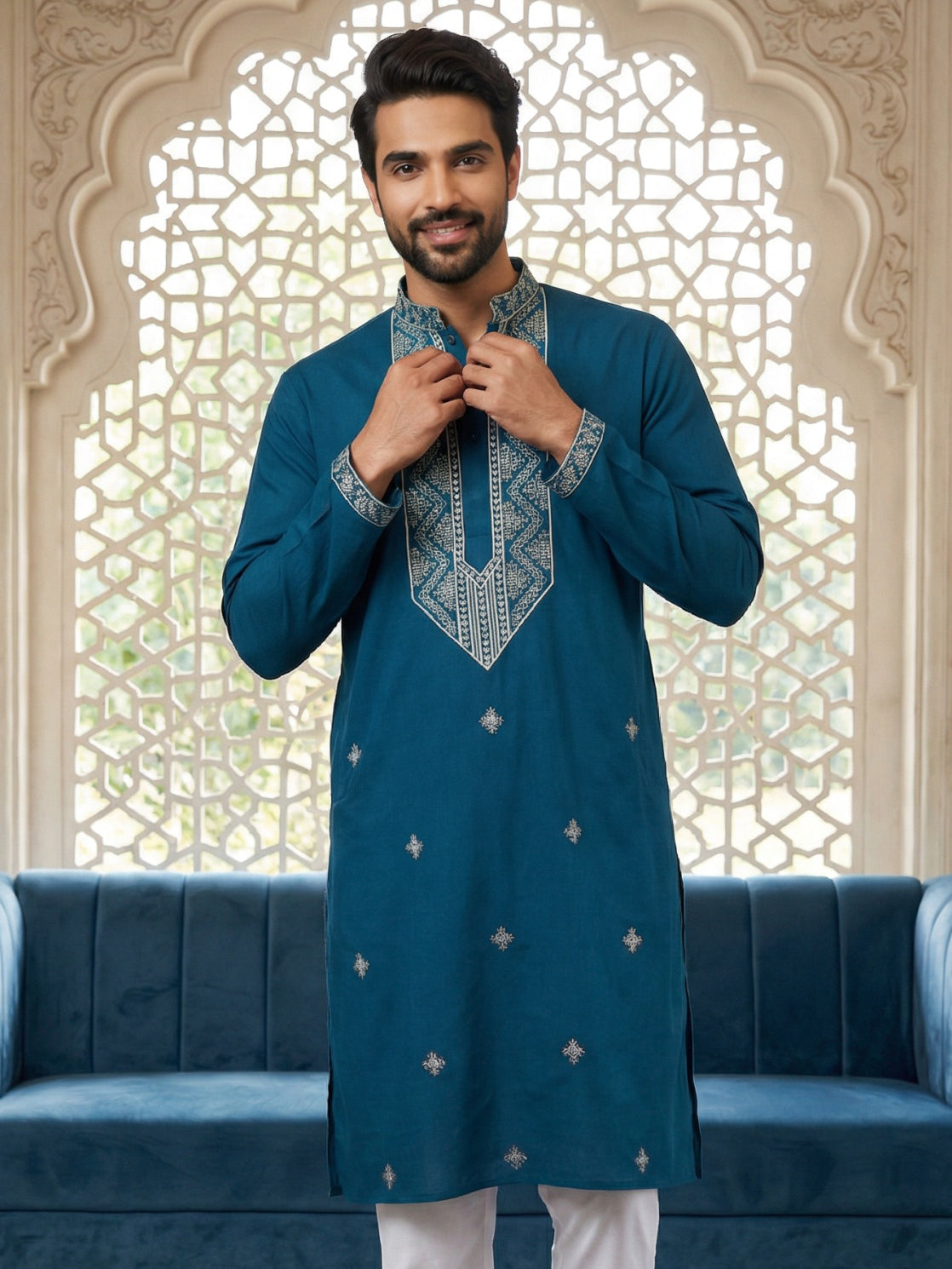 DesiQlo Men Embroidered Kurta Only - Multicolor - 65KO_5462Peacock_S