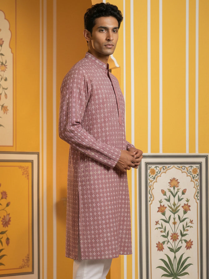 DesiQlo Men Embroidered Kurta Only - Pink - 65KO_5463Pink_S