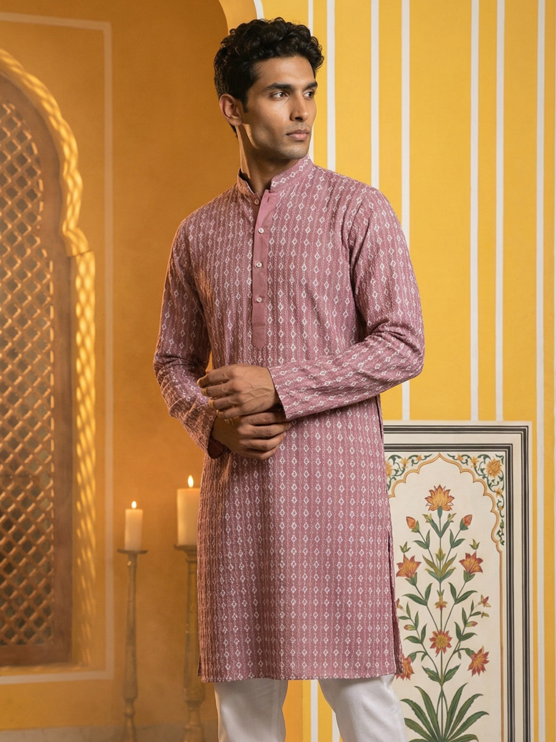 DesiQlo Men Embroidered Kurta Only - Pink - 65KO_5463Pink_S