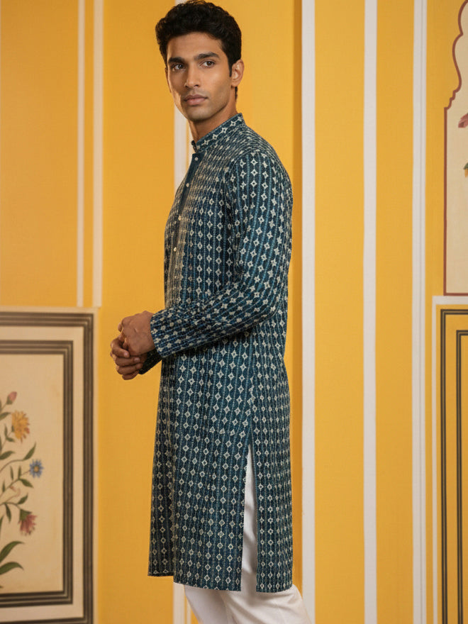 DesiQlo Men Embroidered Kurta Only - Multicolor - 65KO_5463Sea-Green_S