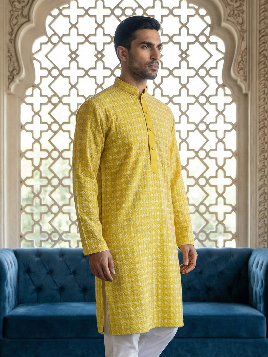 DesiQlo Men Embroidered Kurta Only - Yellow - 65KO_5463Yellow_S