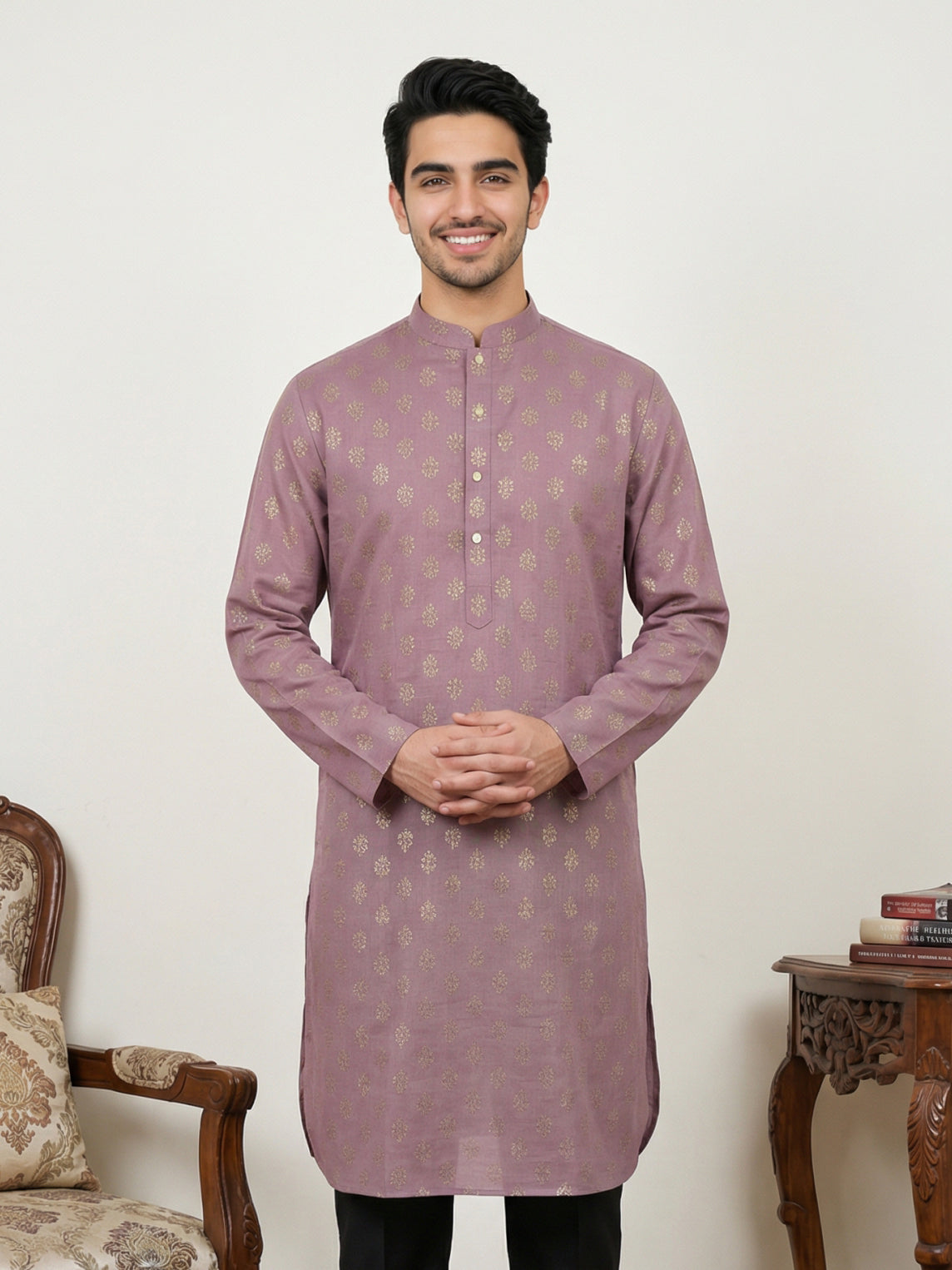 DesiQlo Men Printed Kurta Only - Pink - 65KO_5464Magenta_S