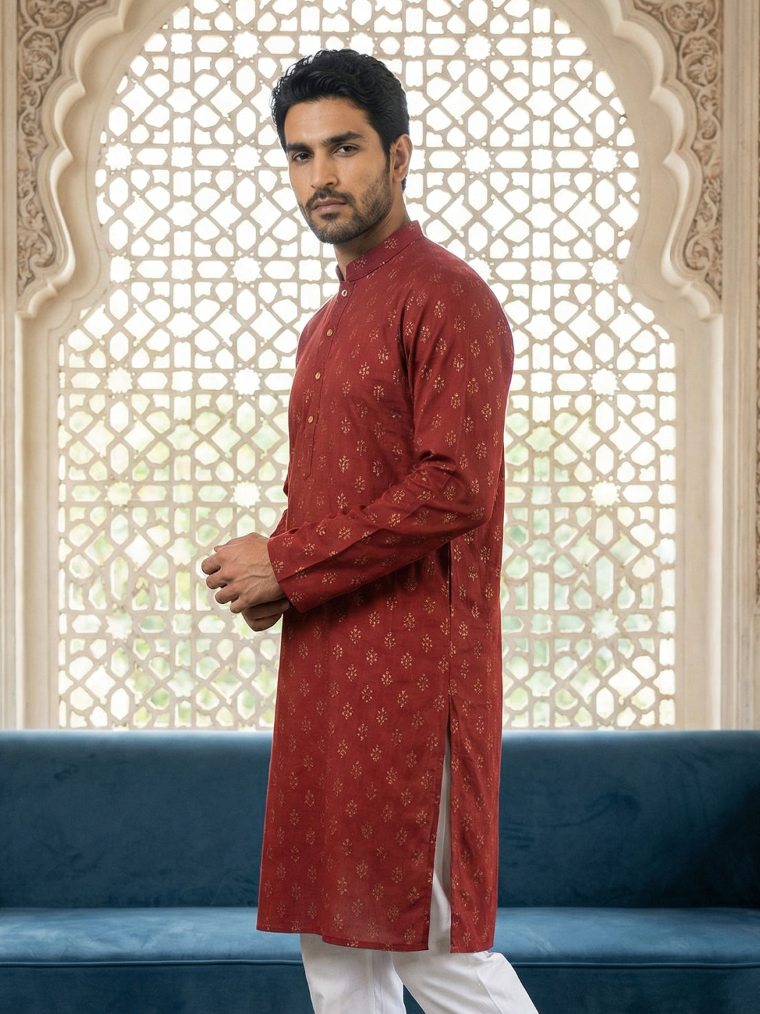 DesiQlo Men Printed Kurta Only - Maroon - 65KO_5464Maroon_S