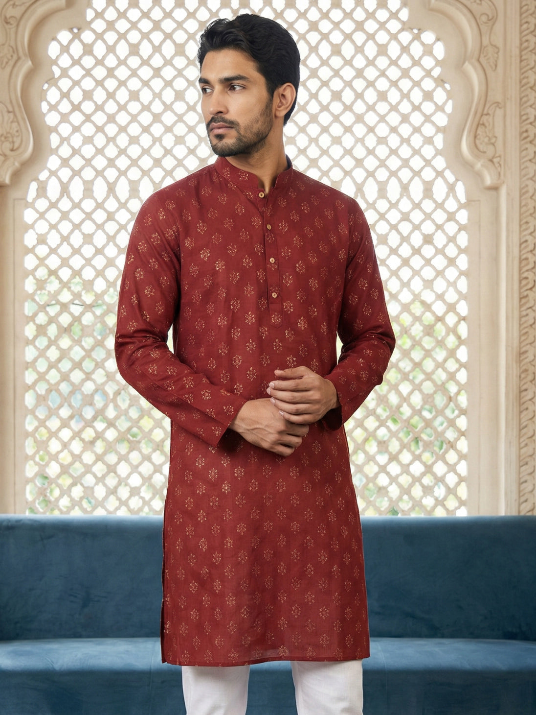 DesiQlo Men Printed Kurta Only - Maroon - 65KO_5464Maroon_S
