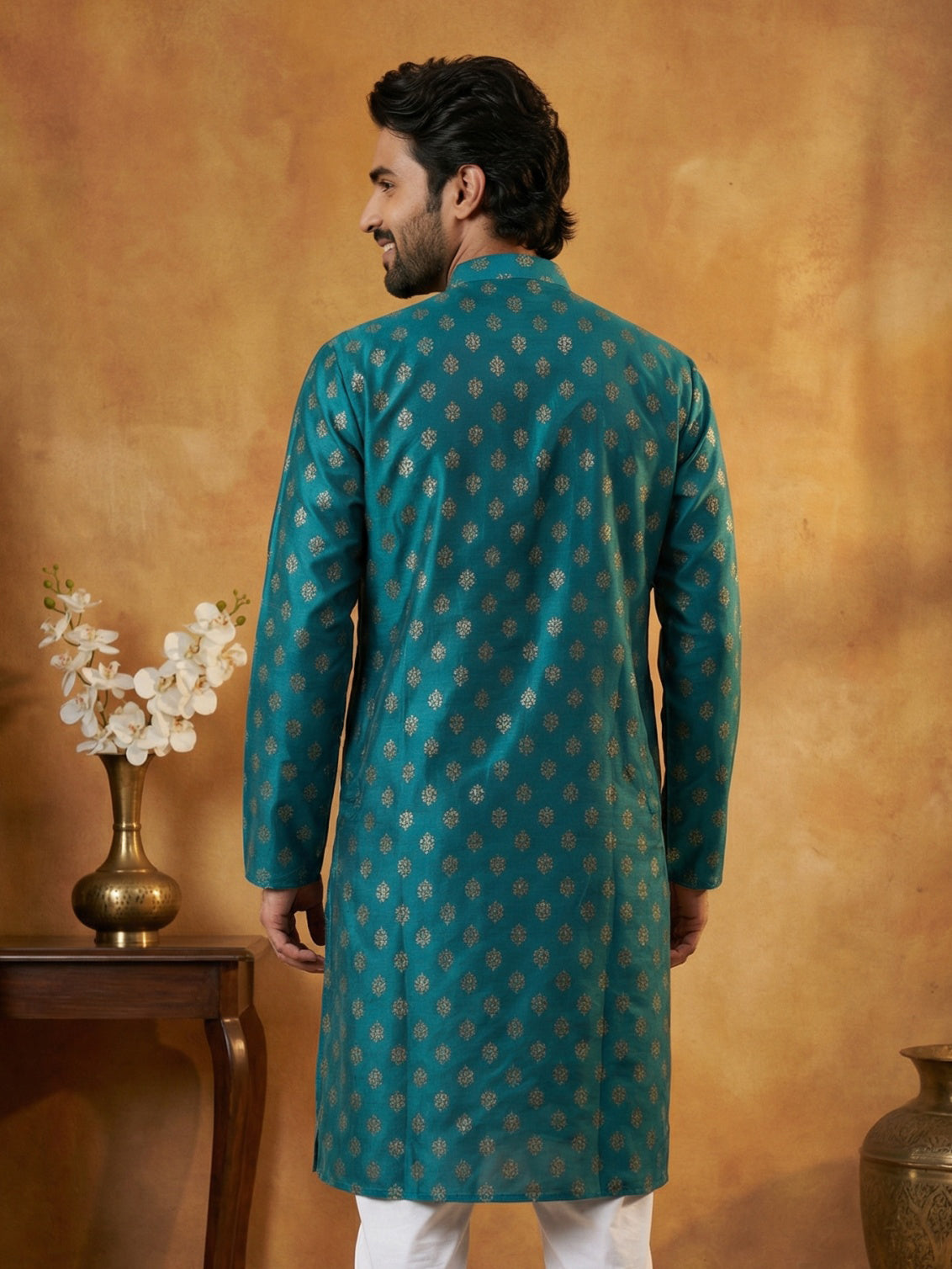 DesiQlo Men Printed Kurta Only - Multicolor - 65KO_5464Peacock_S