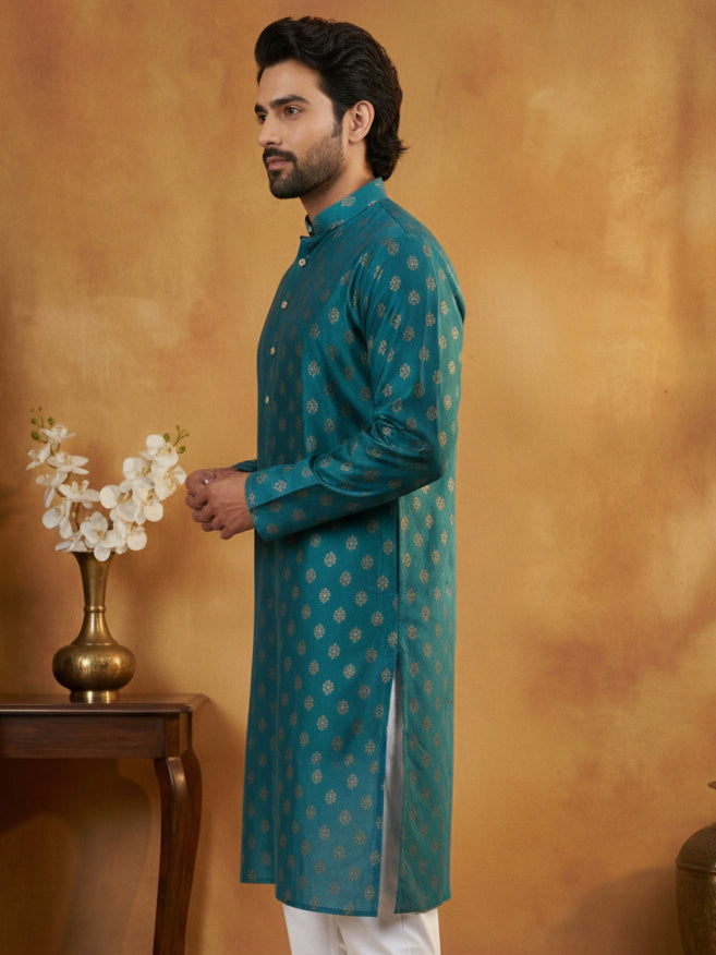 DesiQlo Men Printed Kurta Only - Multicolor - 65KO_5464Peacock_S