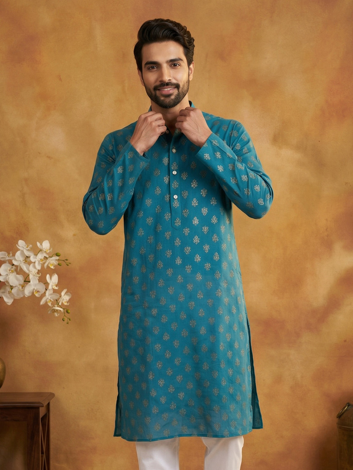 DesiQlo Men Printed Kurta Only - Multicolor - 65KO_5464Peacock_S