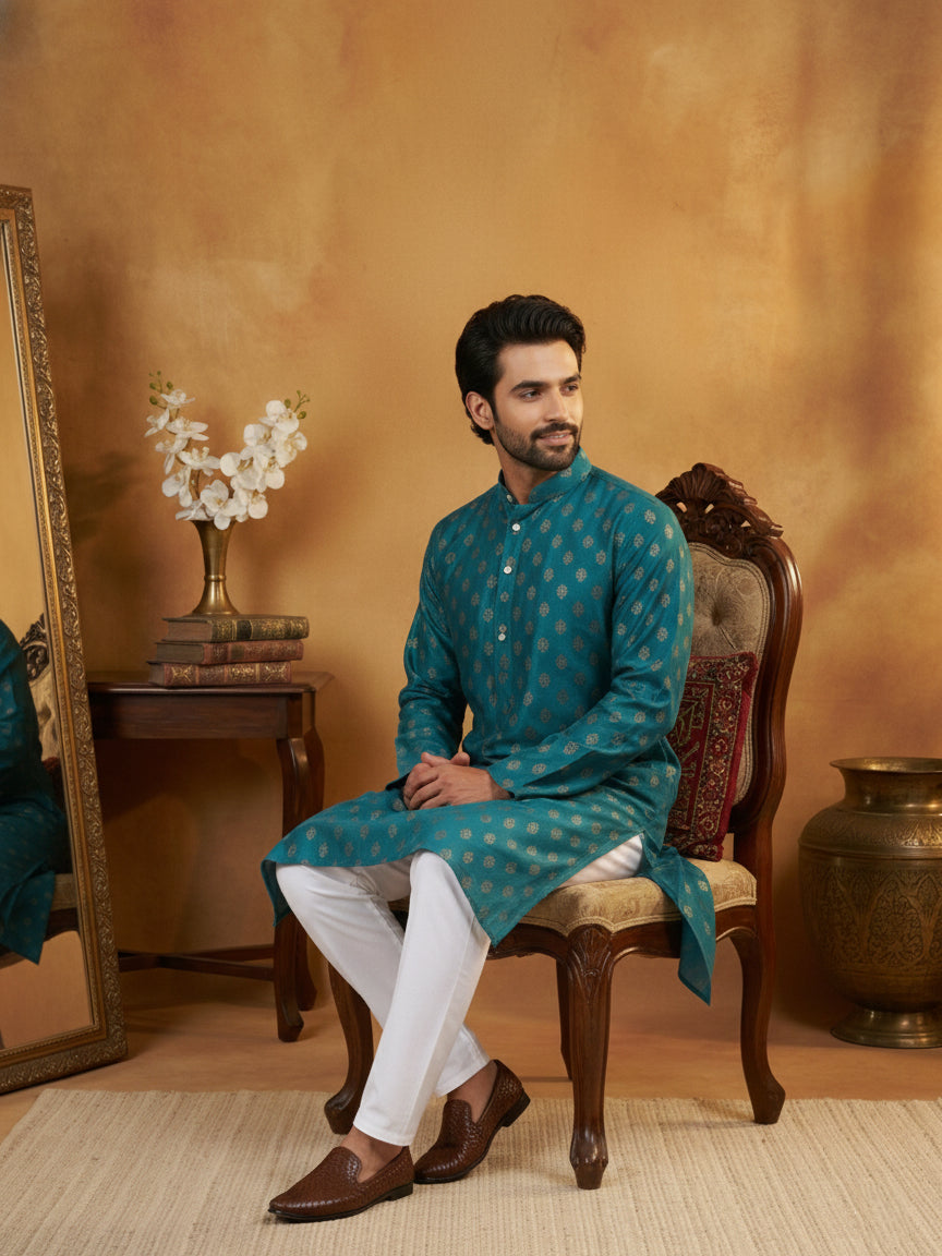 DesiQlo Men Printed Kurta Only - Multicolor - 65KO_5464Peacock_S