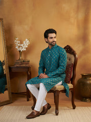 Classic Cotton Blend Foil Print Kurta ( 65KO 5464Peacock S ) [FF] [A-1-4]