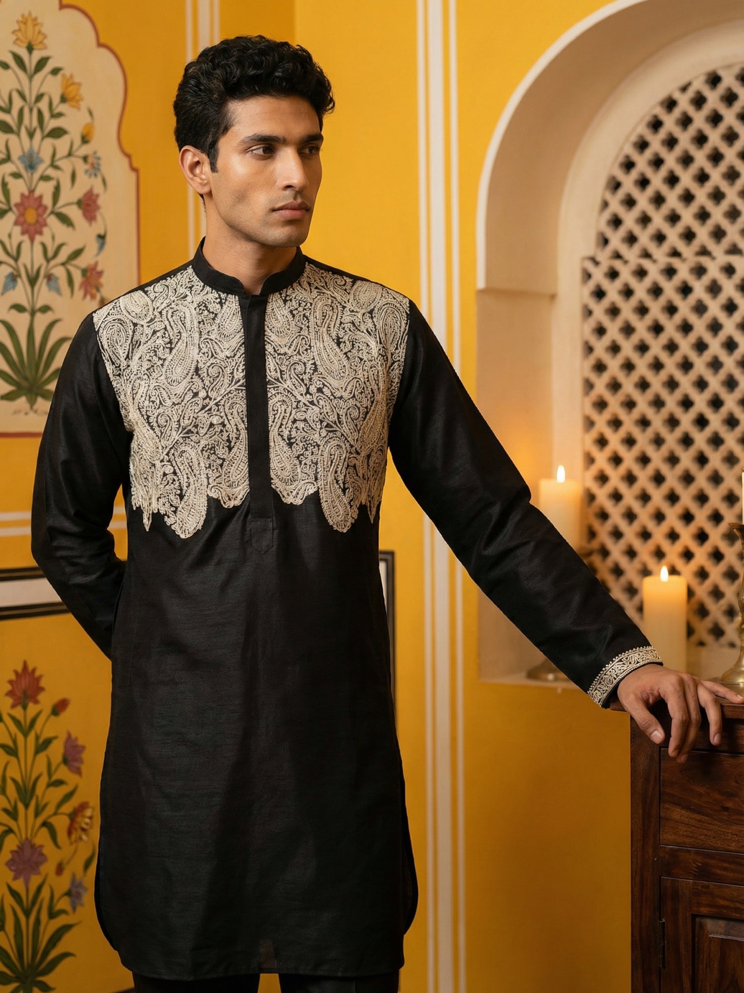 DesiQlo Men Embroidered Kurta Only - Black - 65KO_5465Black_S