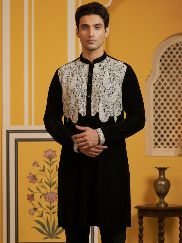 DesiQlo Men Embroidered Kurta Only - Black - 65KO_5465Black_S