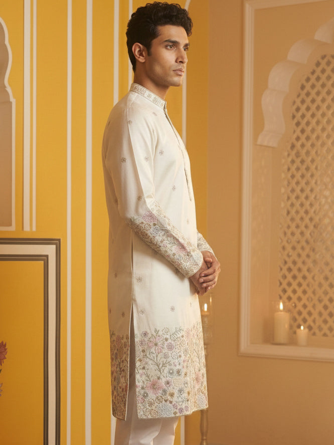 DesiQlo Men Embroidered Kurta Only - White - 65KO_5466White_S