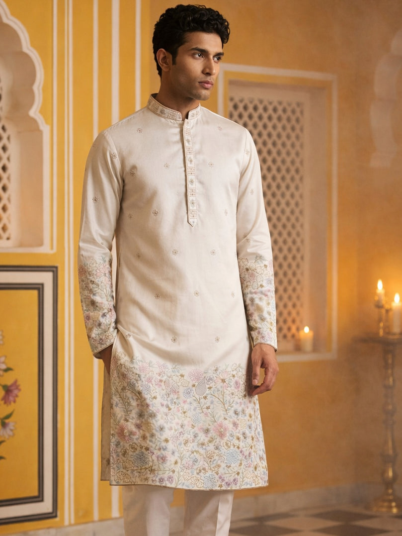 DesiQlo Men Embroidered Kurta Only - White - 65KO_5466White_S