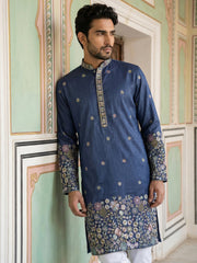 Men Silk Blend Embroidered Kurta ( 65KO 5466Navy ) [FF] [Q-11-14]