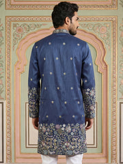 Men Silk Blend Embroidered Kurta ( 65KO 5466Navy ) [FF] [Q-11-14]
