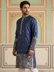 Men Silk Blend Embroidered Kurta ( 65KO 5466Navy ) [FF] [Q-11-14]