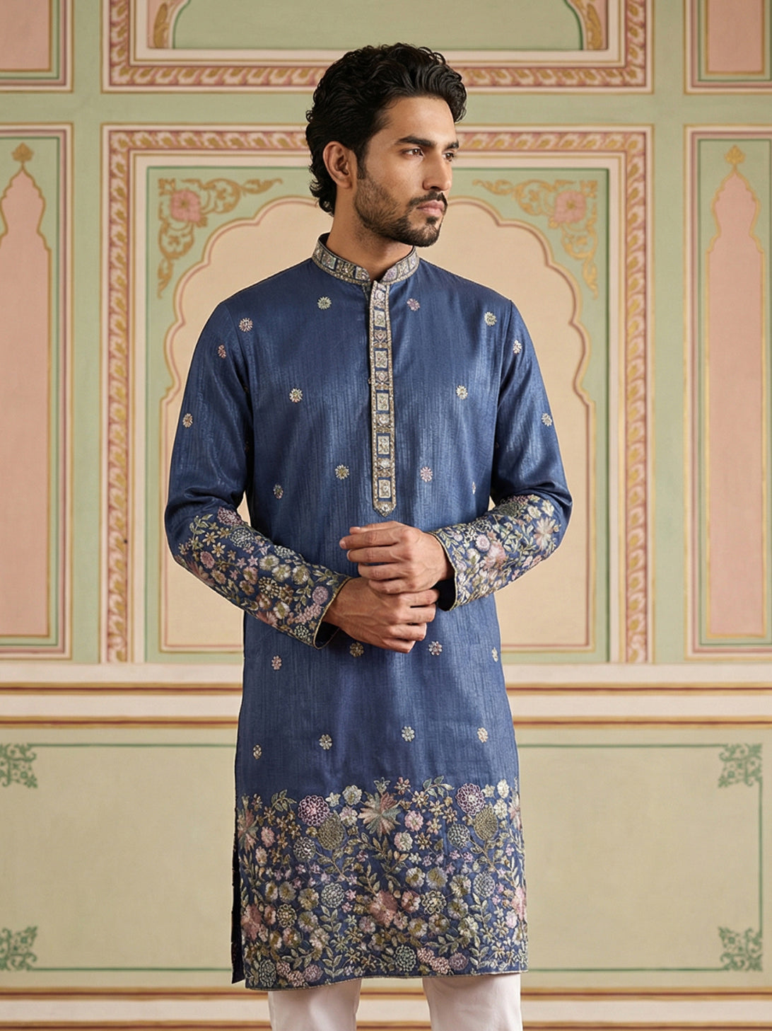 DesiQlo Men Embroidered Kurta Only - Blue - 65KO_5466Navy_S