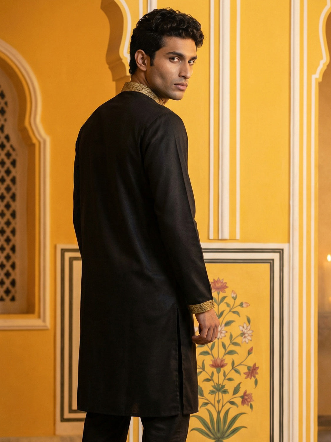 DesiQlo Men Embroidered Kurta Only - Black - 65KO_5467Black_S