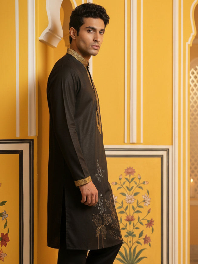 DesiQlo Men Embroidered Kurta Only - Black - 65KO_5467Black_S
