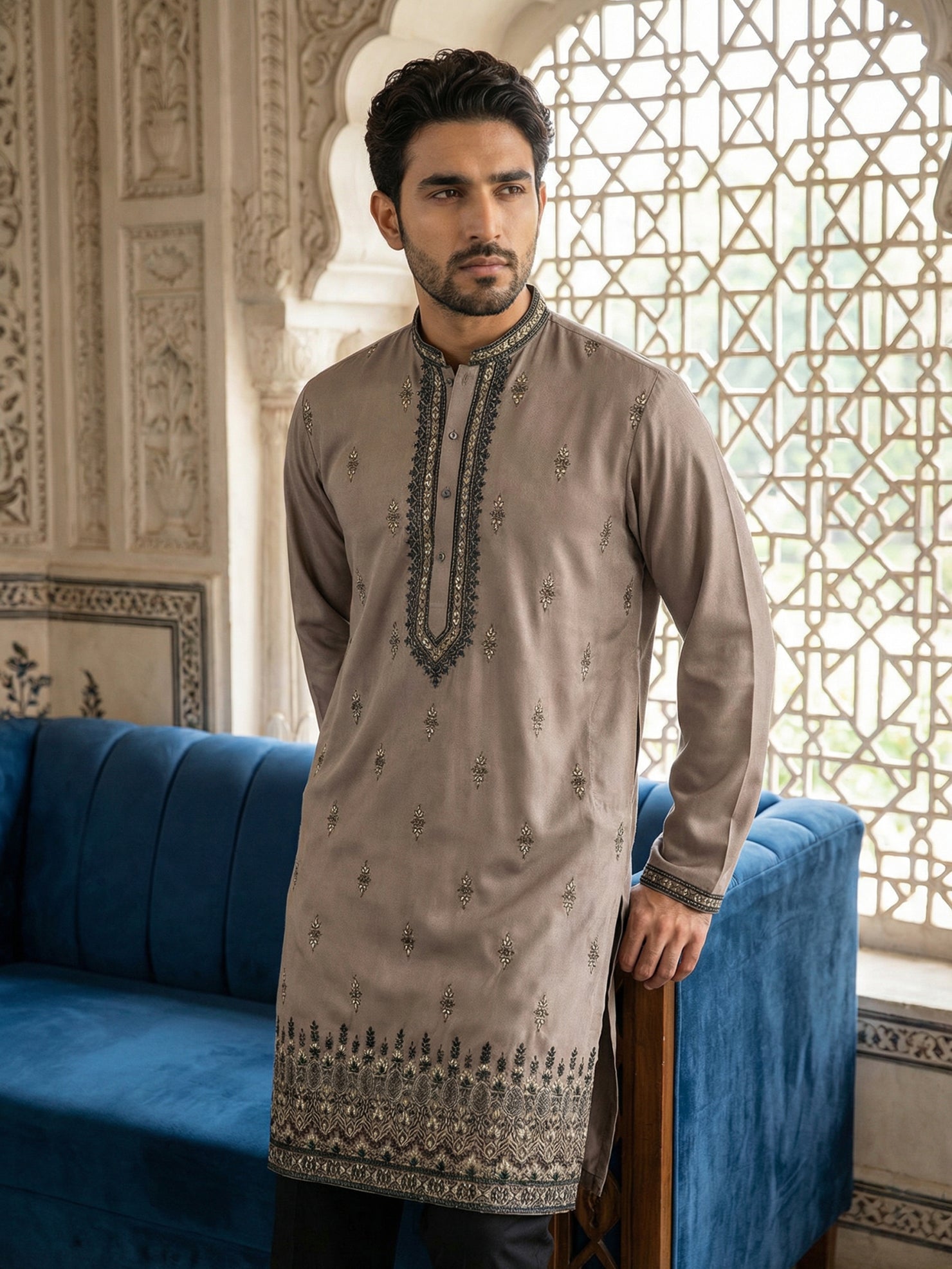 DesiQlo Men Embroidered Kurta Only - Brown - 65KO_5468Brown_S