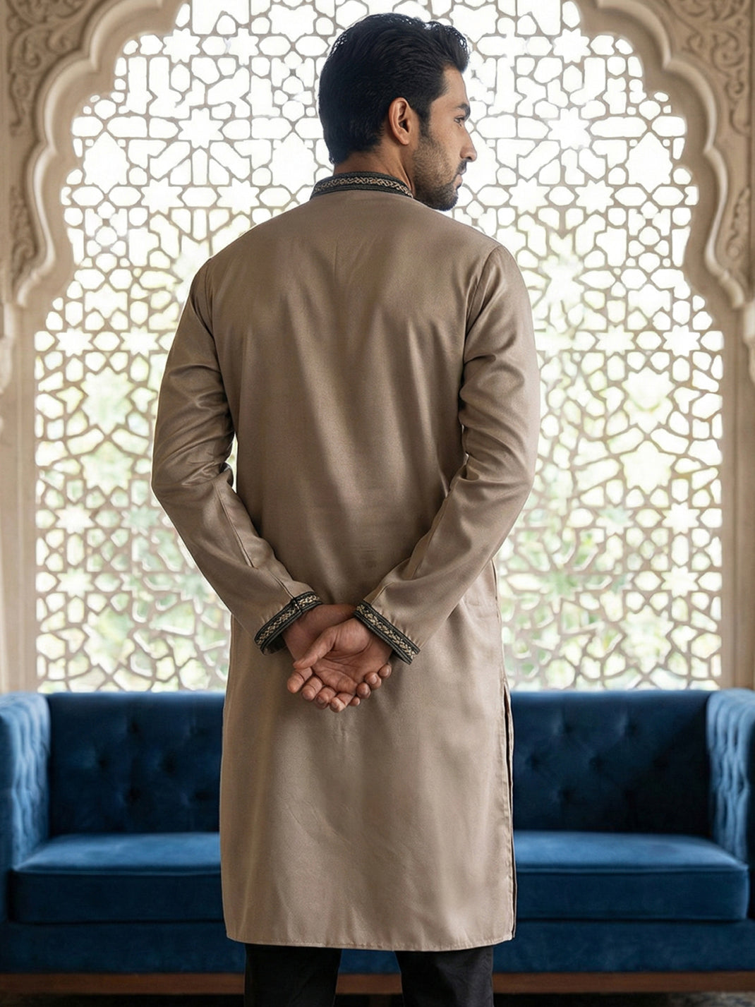 DesiQlo Men Embroidered Kurta Only - Brown - 65KO_5468Brown_S