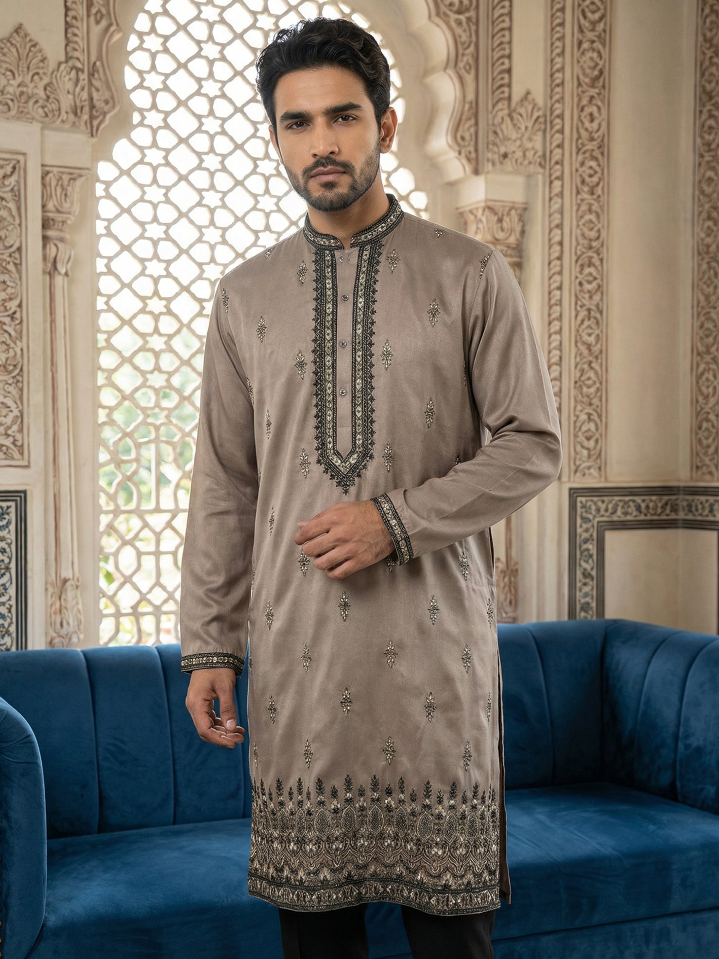 DesiQlo Men Embroidered Kurta Only - Brown - 65KO_5468Brown_S