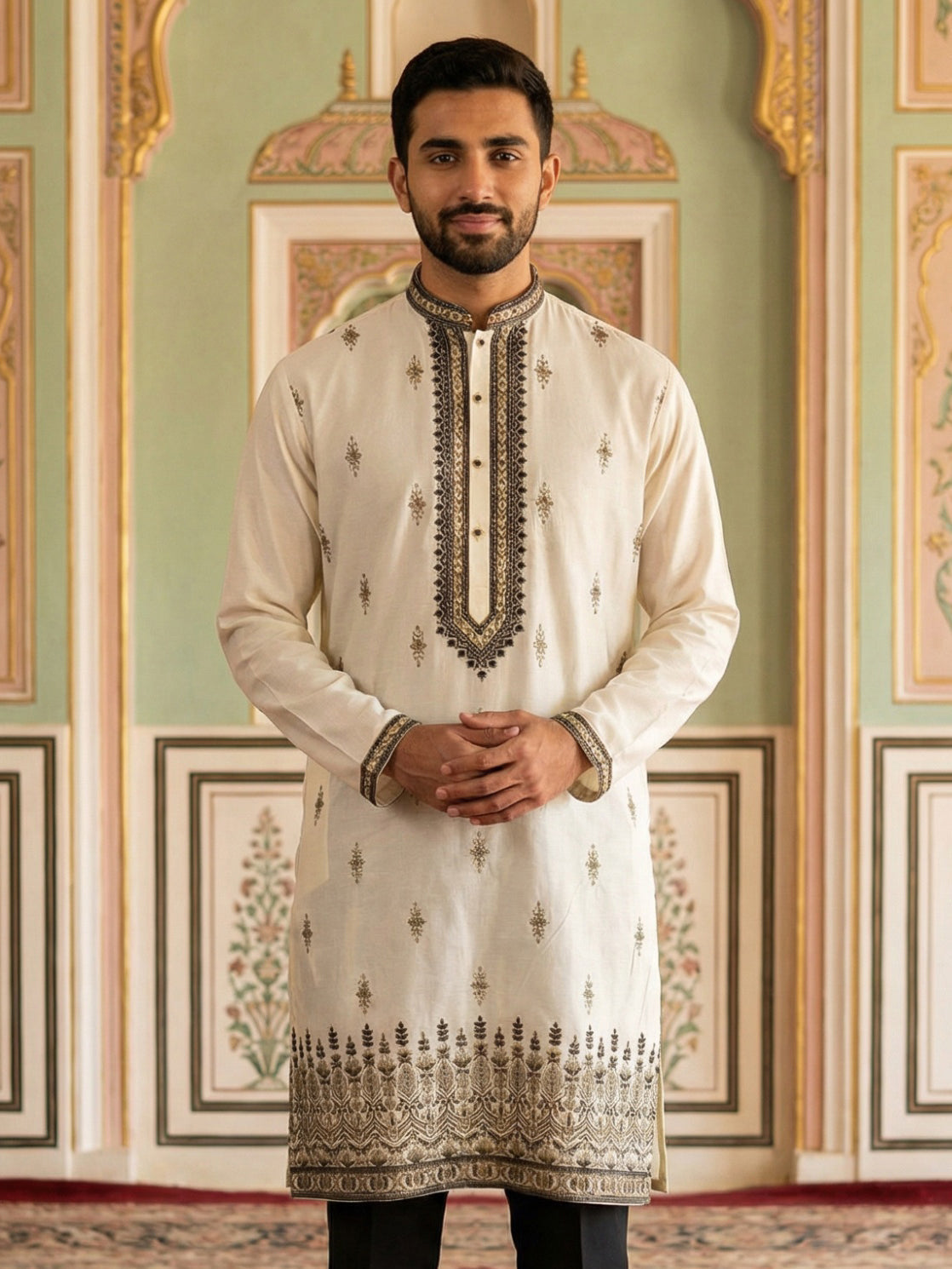 DesiQlo Men Embroidered Kurta Only - White - 65KO_5468White_S