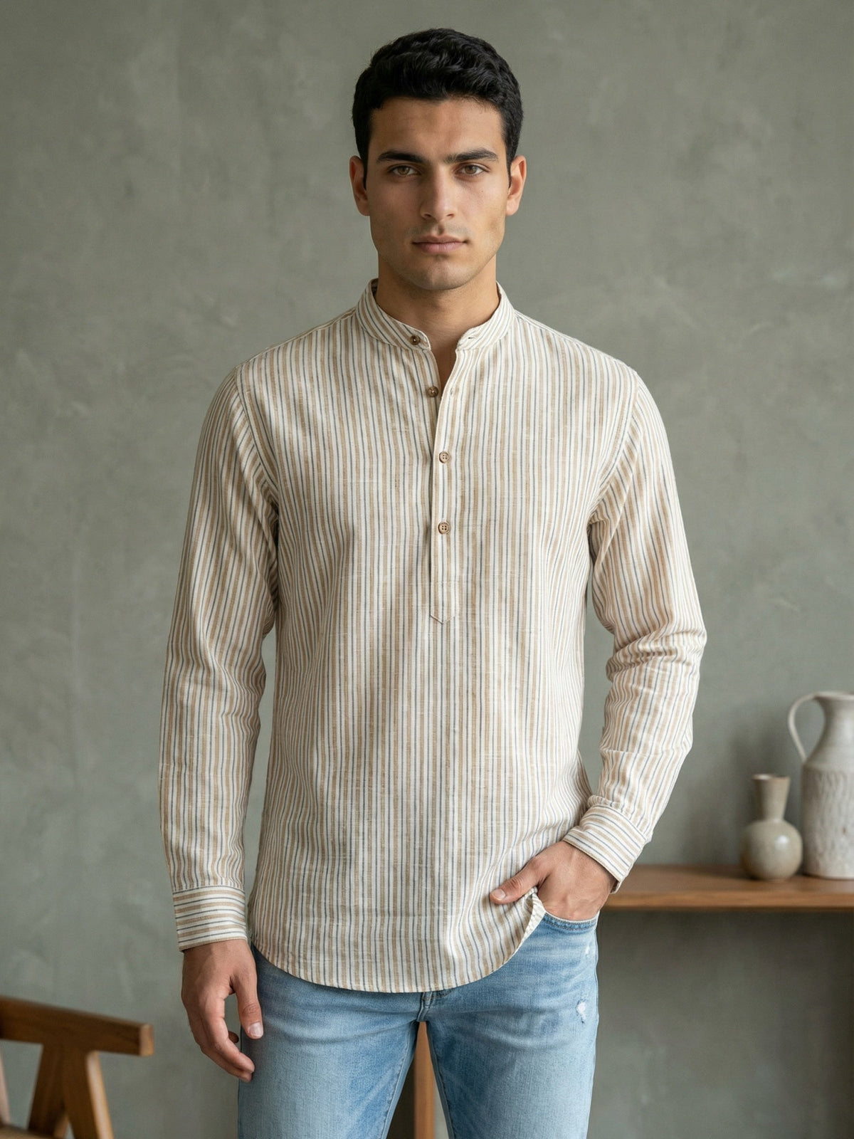 Men’s Beige Striped Short Kurta ( 65KO 5471Beige S ) [FF] [K-14]