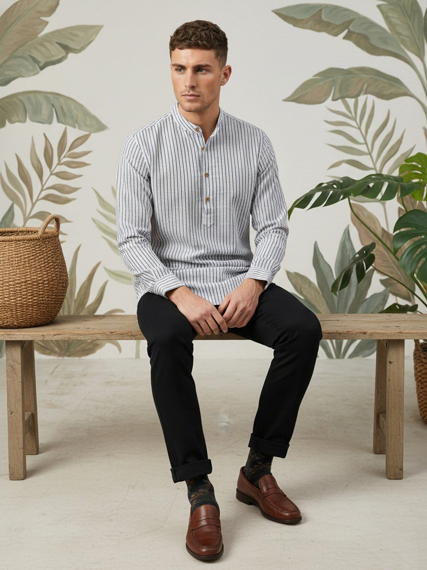 DesiQlo Men Striped Kurta Only - Grey - 65KO_5471Charcoal_S