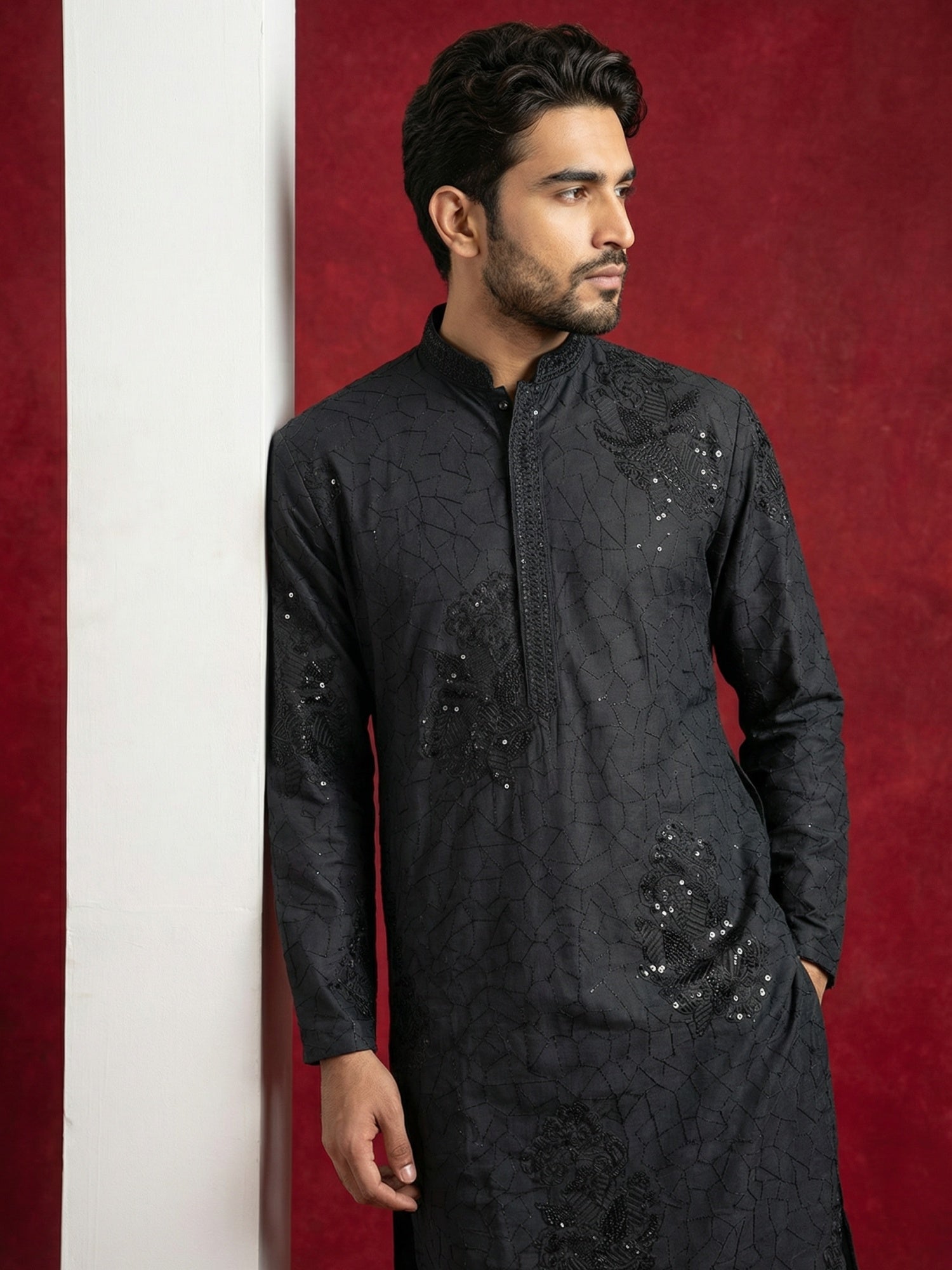 DesiQlo Men Embroidered Kurta Only - Black - 65KO_5472Black_S