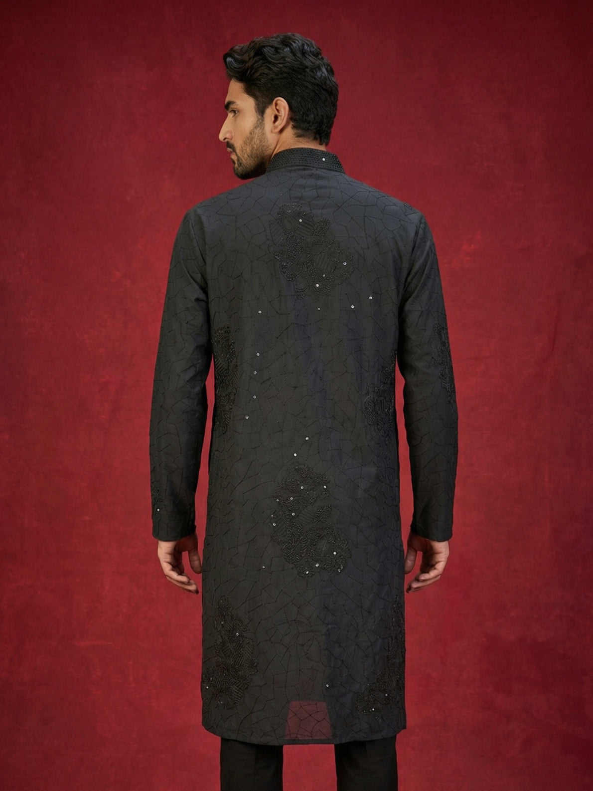 DesiQlo Men Embroidered Kurta Only - Black - 65KO_5472Black_S