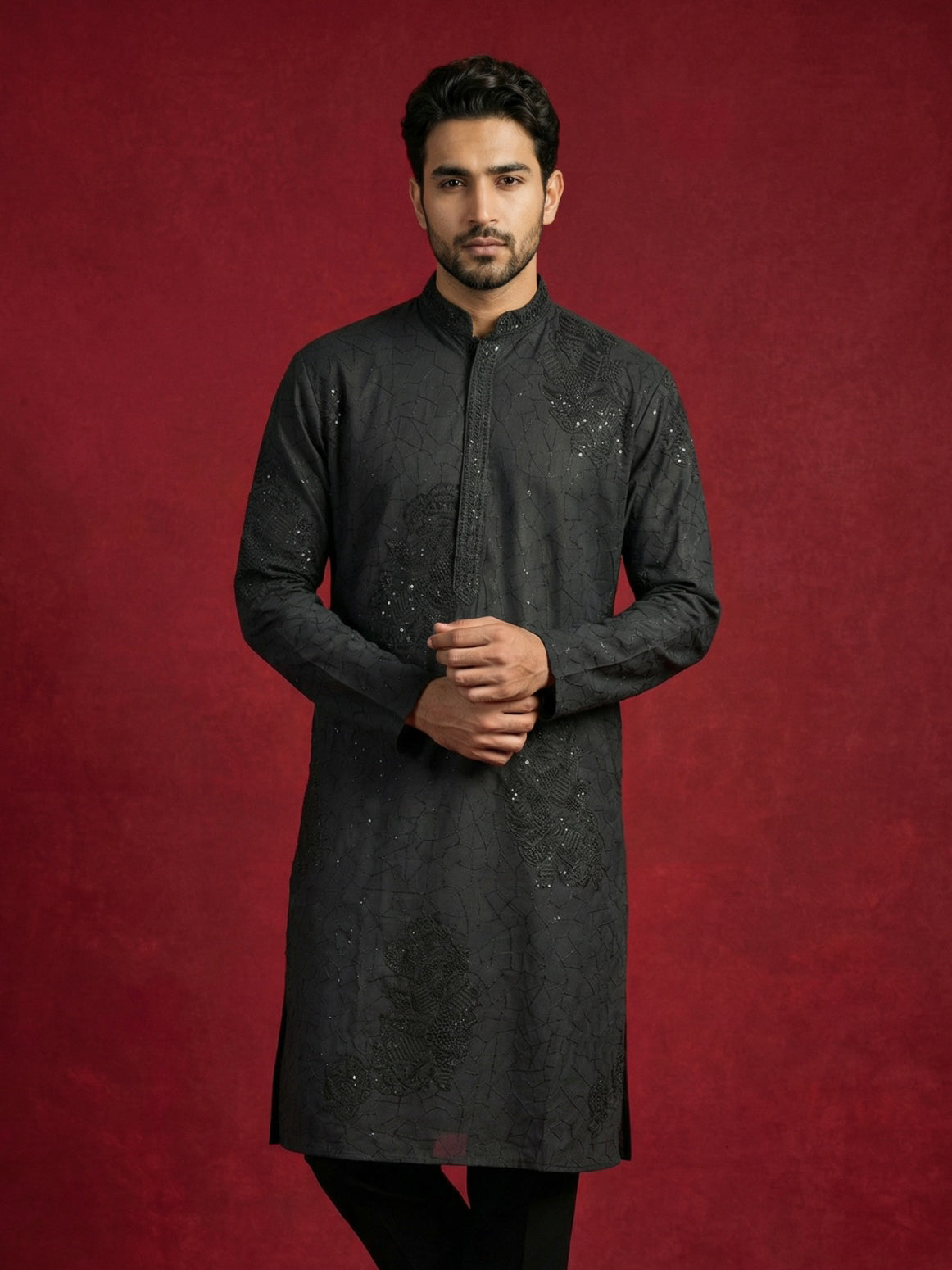 DesiQlo Men Embroidered Kurta Only - Black - 65KO_5472Black_S