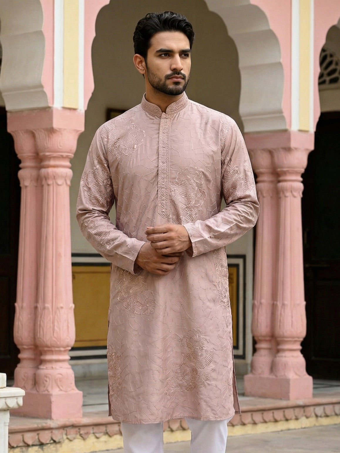 DesiQlo Men Embroidered Kurta Only - Orange - 65KO_5472Peach_S