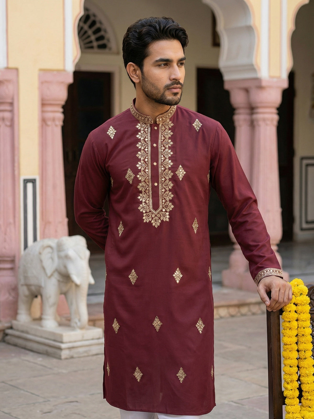 Men Japanese Fabric Embroidered Kurta ( 65KO 5473Maroon S ) [FF] [H-10]