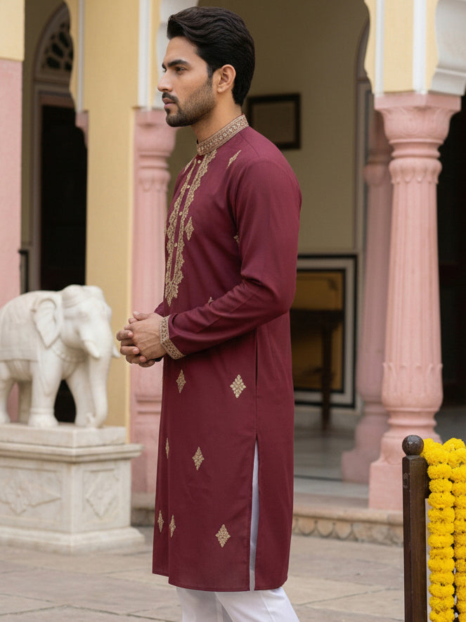 DesiQlo Men Embroidered Kurta Only - Maroon - 65KO_5473Maroon_S